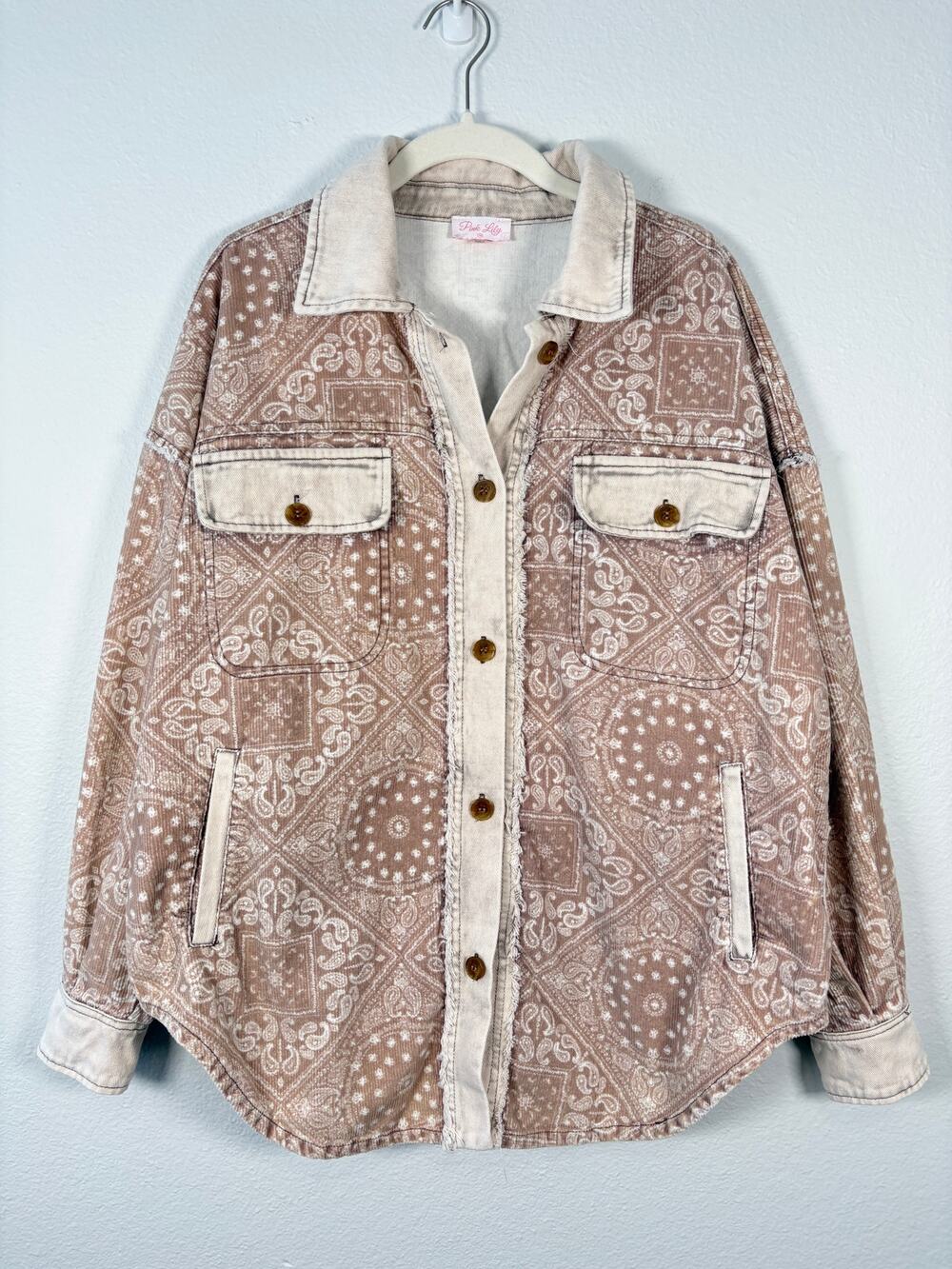 Pink Lily Neutral Oversized Boho Western Bandana Print Corduroy Shirt Jacket